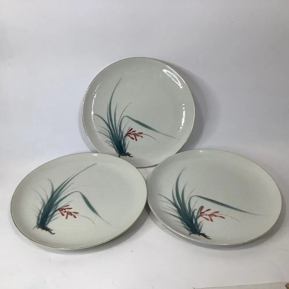 Vtg 3 Nunome China Dinner Plates 10 in Grass‎ Red Flower Gray Plaid Japan OOAK